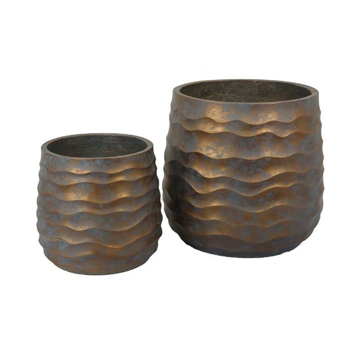 18 Inch Planter Set of 2, Wavy Design, Indoor Outdoor Rustic Bronze Resin - Benzara