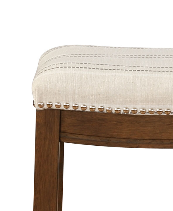 Wooden Counter Stool with Nailhead Trim Accent, Brown and Beige - Benzara