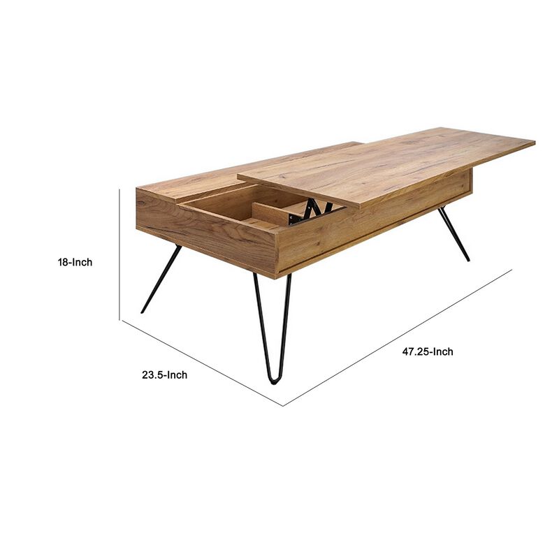47 Inch Lift Top Coffee Table, Natural Brown Wood, 2 Storage Compartments-Benzara