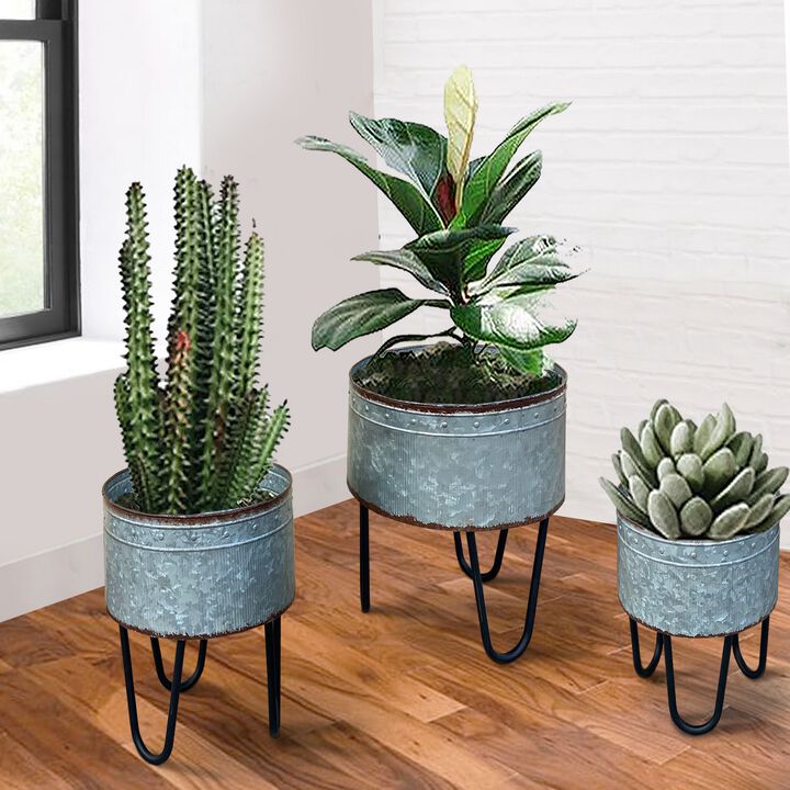 Galvanized Sheet Planter Tubs, Iron Powder Coated Hairpin Legs, Set of 3, Gray, Black-Benzara