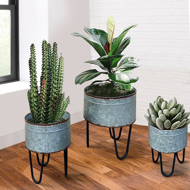 Galvanized Sheet Planter Tubs, Iron Powder Coated Hairpin Legs, Set of 3, Gray, Black-Benzara