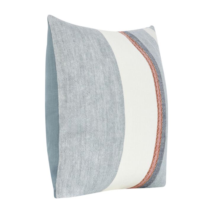 Throw Pillow, Coastal Modern Striped Pattern, 22 Inch Blue Flax Linen - Benzara