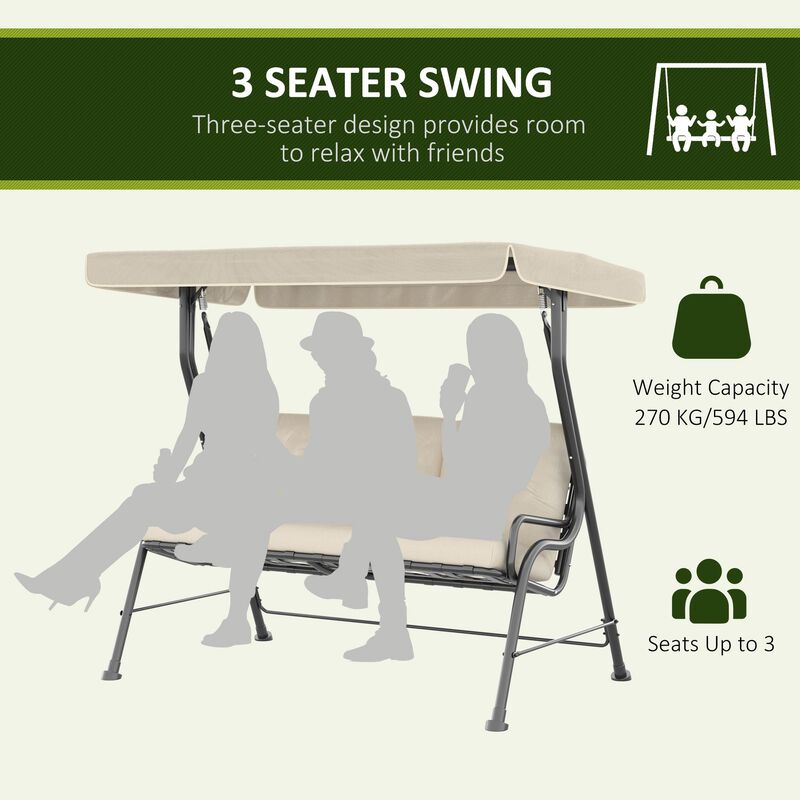 Cream White Porch Swing: 3-Seat Patio Chair with Adjustable Canopy