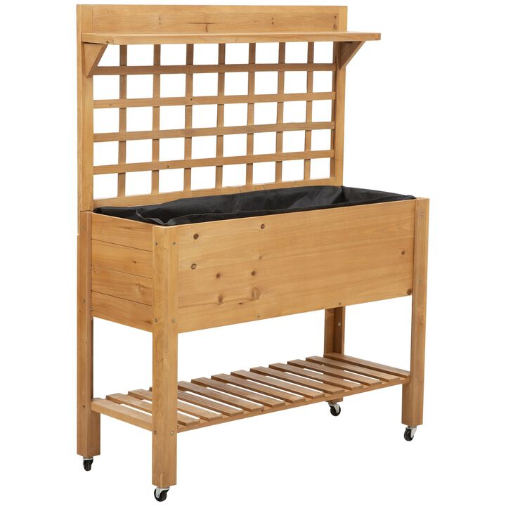 Hivvago Solid Fir Wood Trellis Elevated Garden Raised Planter Bed with Wheels