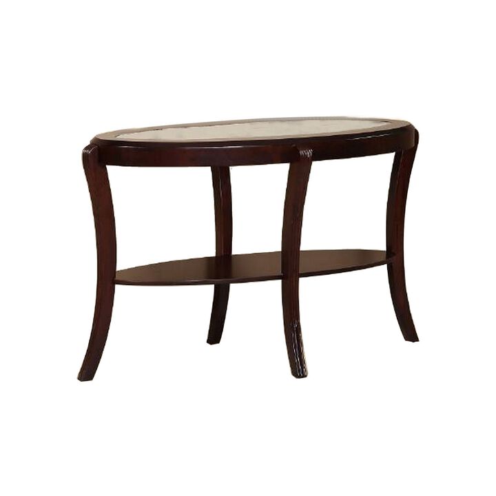 Lyn 51 Inch Console Table with Oval Glass Top and Lower Shelf, Brown Wood - Benzara
