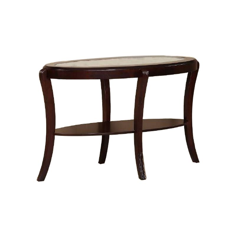 Lyn 51 Inch Console Table with Oval Glass Top and Lower Shelf, Brown Wood - Benzara