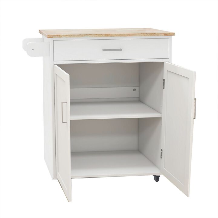 36 Inch Kitchen Island with Towel Rack, 1 Double Door Cabinet, White Wood-Benzara