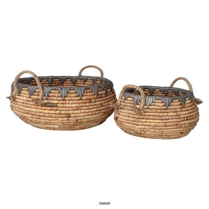 Decorative Storage Basket Set of 2, Handwoven Water Hyacinth Fiber, Brown - Benzara