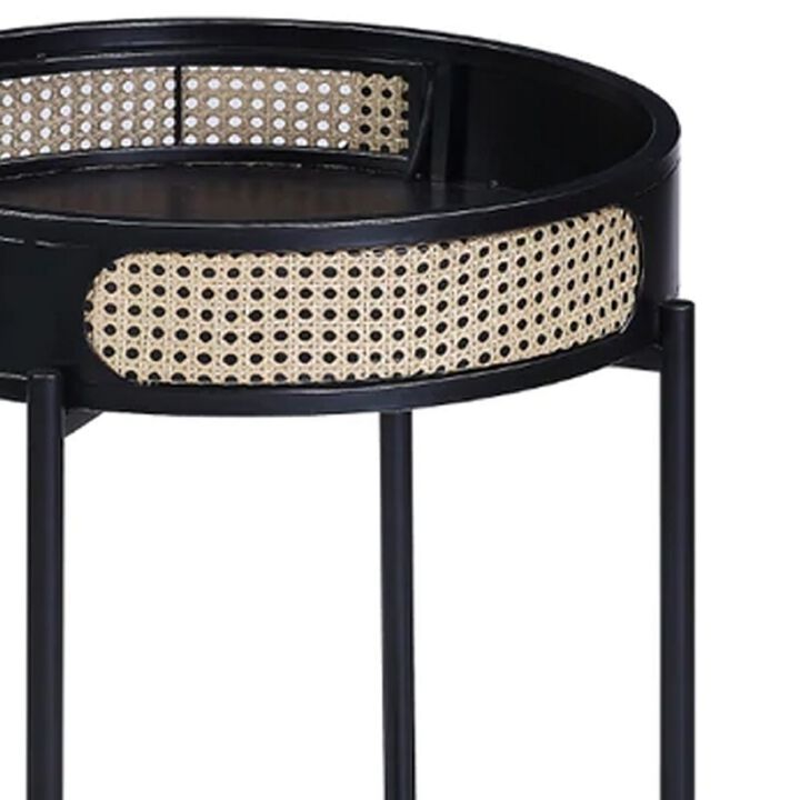 Bert 24 Inch Round End Table, Rattan Apron Accent, Metal Legs, Black-Benzara