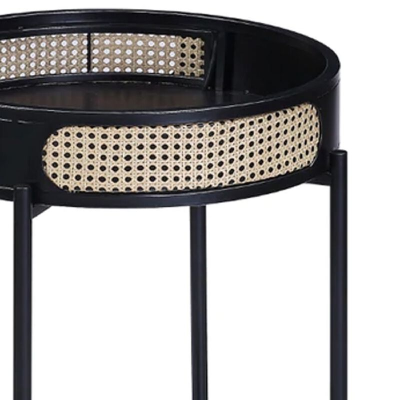 Bert 24 Inch Round End Table, Rattan Apron Accent, Metal Legs, Black-Benzara
