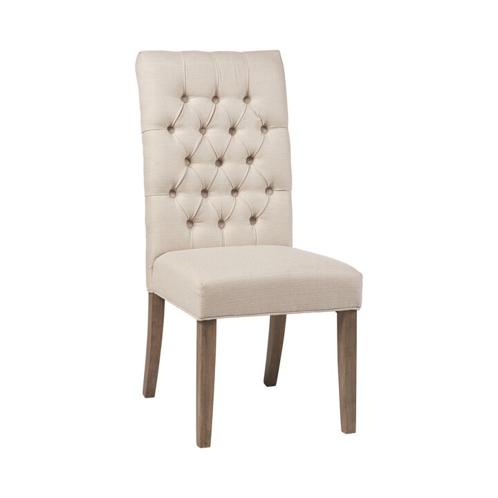 Fabric Dining Chair with Button Tufted Back, Set of 2, Beige - Benzara