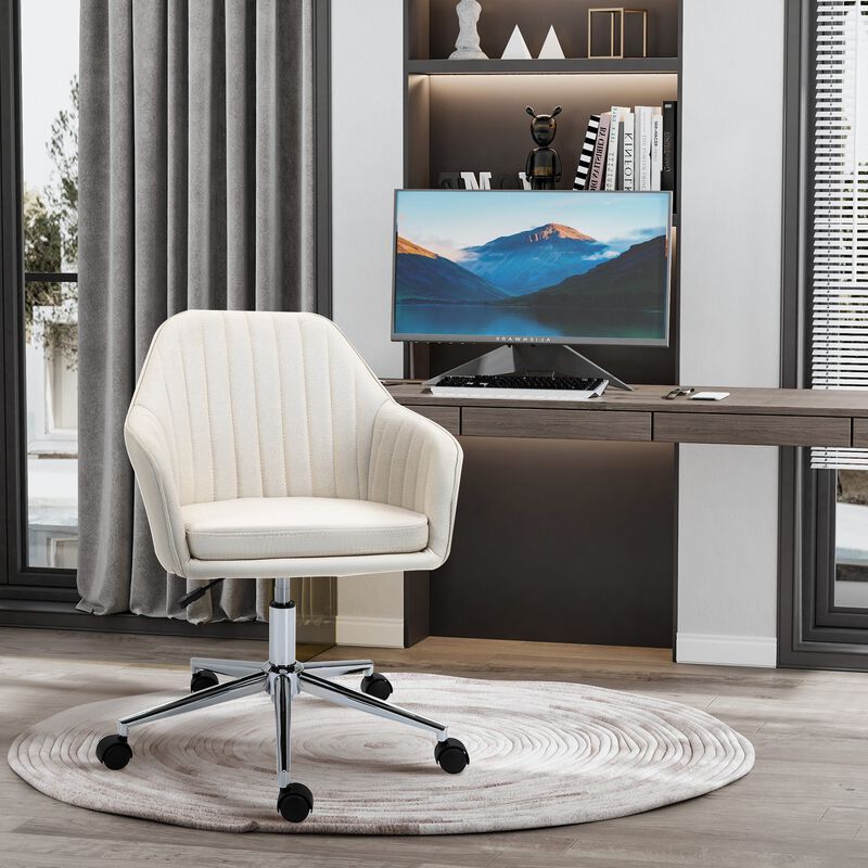 Beige Vanity Chair: Velvet Scallop Shape Swivel Office Chair