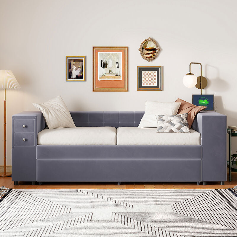 Merax Upholstered Bed with Trundle and USB Charging Ports