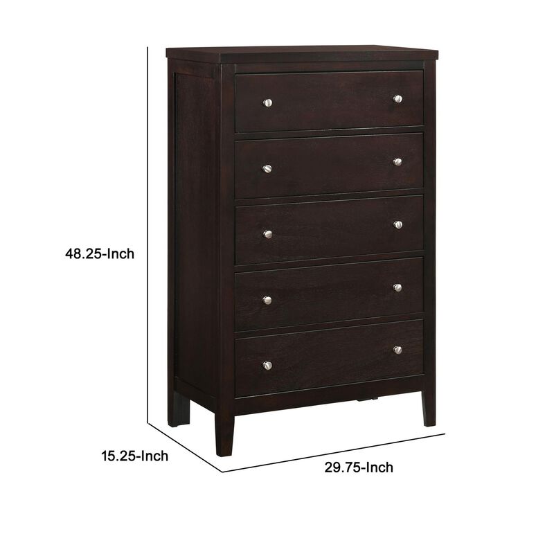 Con 48 Inch Tall 5 Drawer Dresser Chest, Silver Knobs, Cappuccino Brown-Benzara