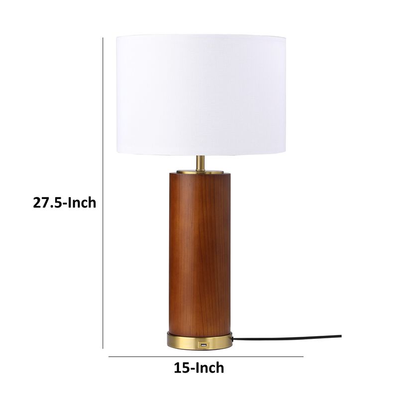 28 Inch Table Lamp, White Fabric Drum Shade, Gold Metal, Brown Bridge Base - Benzara