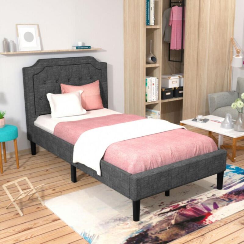 Hivvago Linen Twin Upholstered Platform Bed with Frame Headboard Mattress Foundation