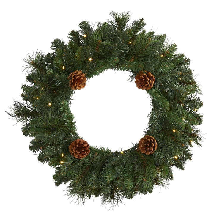 Hivvago 20" Pine Artificial Christmas Wreath with 35 LED Lights and Pinecones