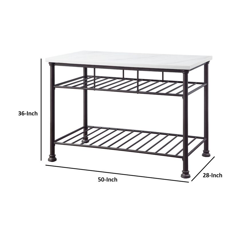 Kitchen Island with Artificial Marble Top and 2 Slatted Shelf, White-Benzara