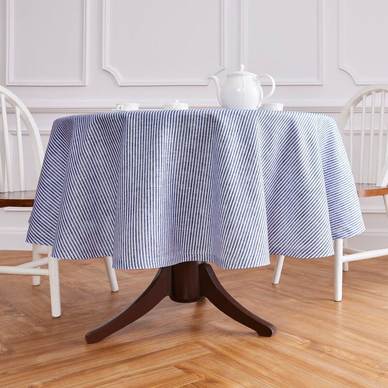 Solino Home 100% Pure Linen Round Tablecloth | Narrow Stripe for Thanksgiving, Christmas