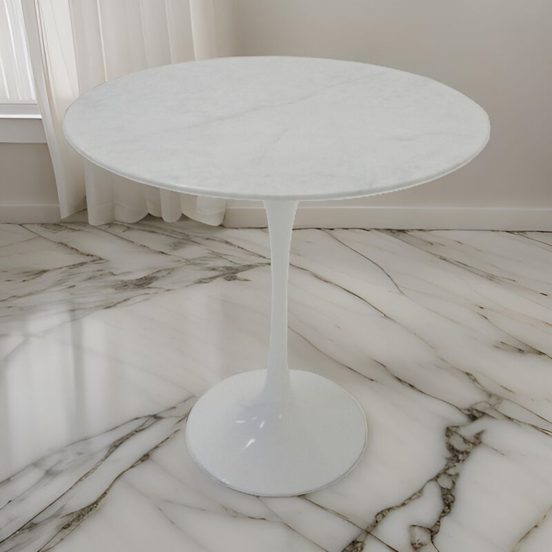 Sufi 21 Inch Side End Table, Round Top, Pedestal Base, Marble White Finish - Benzara