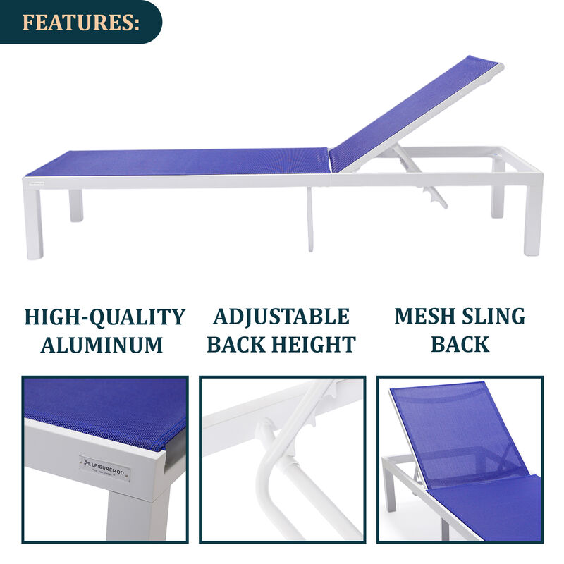 LeisureMod Marlin Modern Black Aluminum Outdoor Patio Chaise Lounge Chair in White Frame with Square Fire Pit Side Table