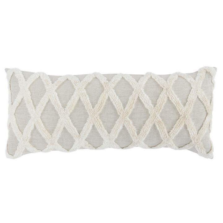 16 x 36 Lumbar Linen Accent Throw Pillow, Tufted Diamonds, Ivory White-Benzara