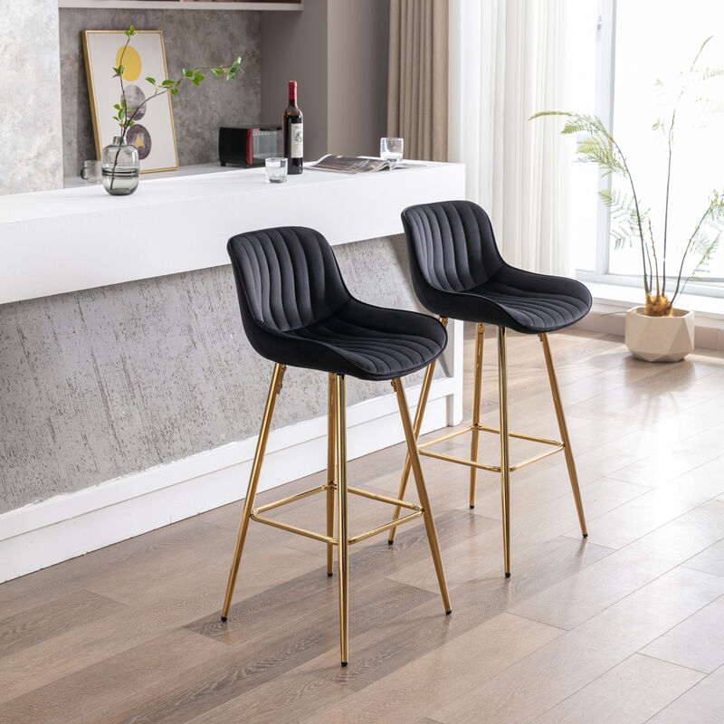 30 inch Set of 2 Bar Stools, with Chrome Footrest Velvet Fabric Counter Stool Golden Leg Simple High Bar Stool, black