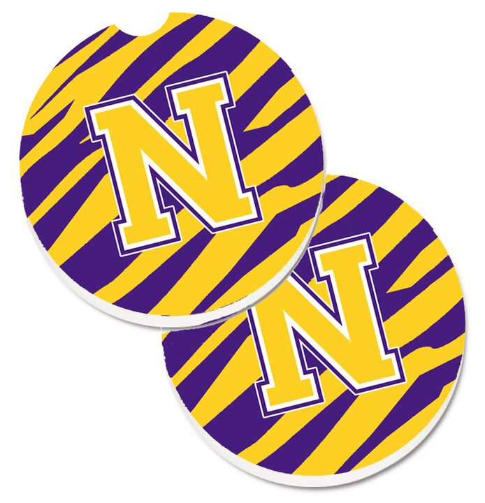 Caroline's Treasures Letter N Monogram - Tiger Stripe - Purple Gold Set of 2 Cup Holder Car Coasters CJ1022-NCARC, 2.56, Multicolor