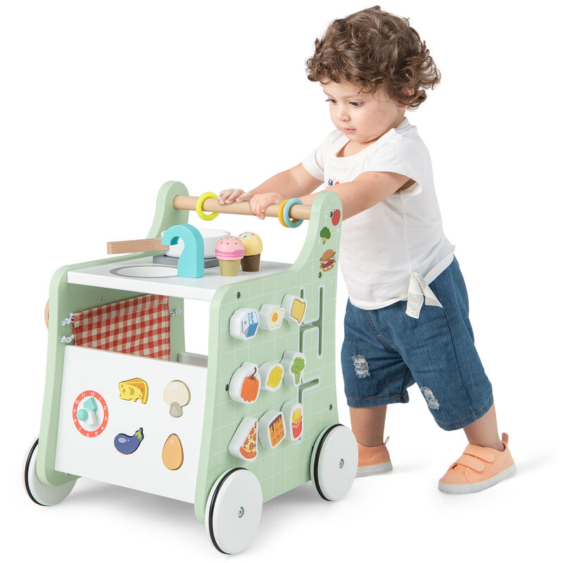 6-in-1 Wooden Baby Stroller with Play Kitchen for Kids Over 12 Months