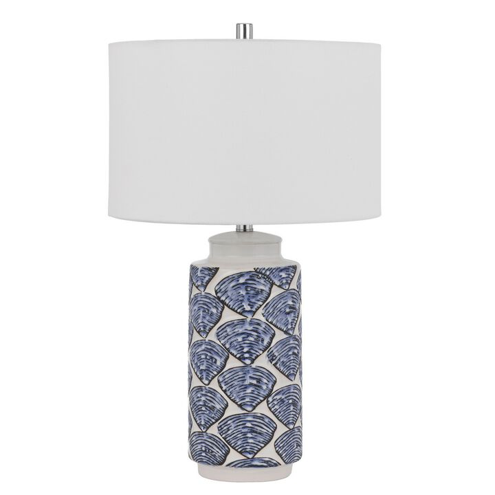 27 Inch Coastal Ceramic Table Lamp, Dimmer, Sea Shells, Blue-Benzara