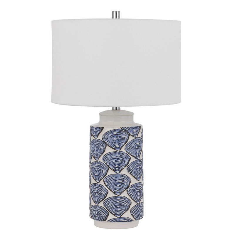 27 Inch Coastal Ceramic Table Lamp, Dimmer, Sea Shells, Blue-Benzara