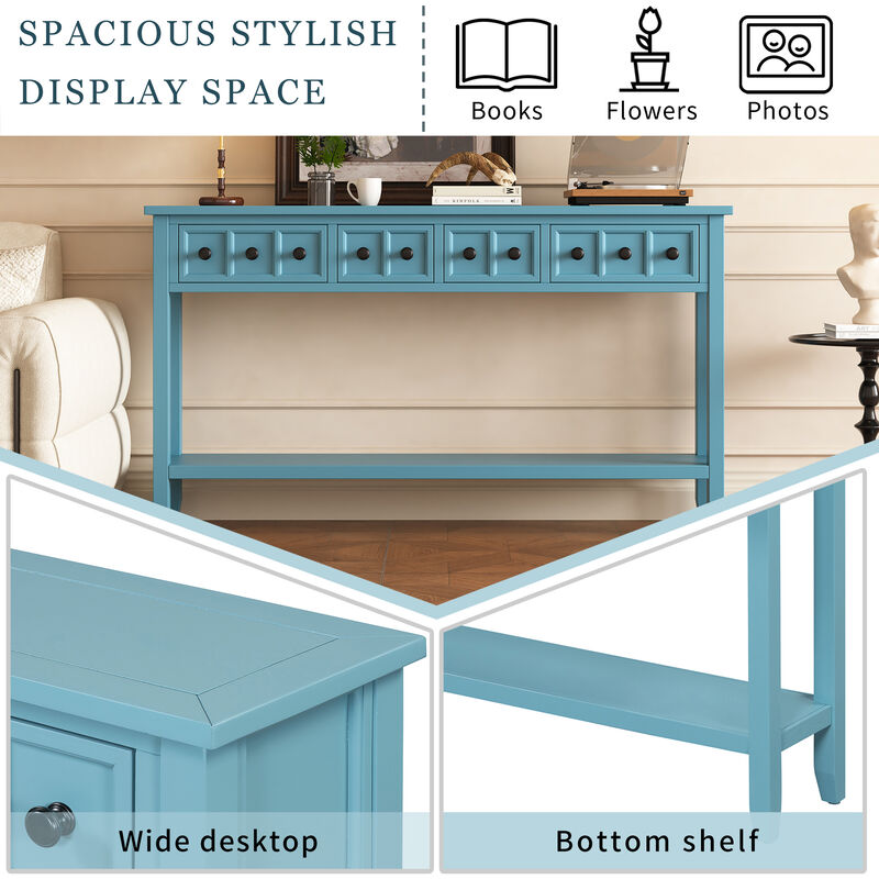 Clihome Rustic Entryway Console Table, 60" Long Sofa Table with Two Different Size Drawers and Bottom Shelf for Storage (Turquoise Green)