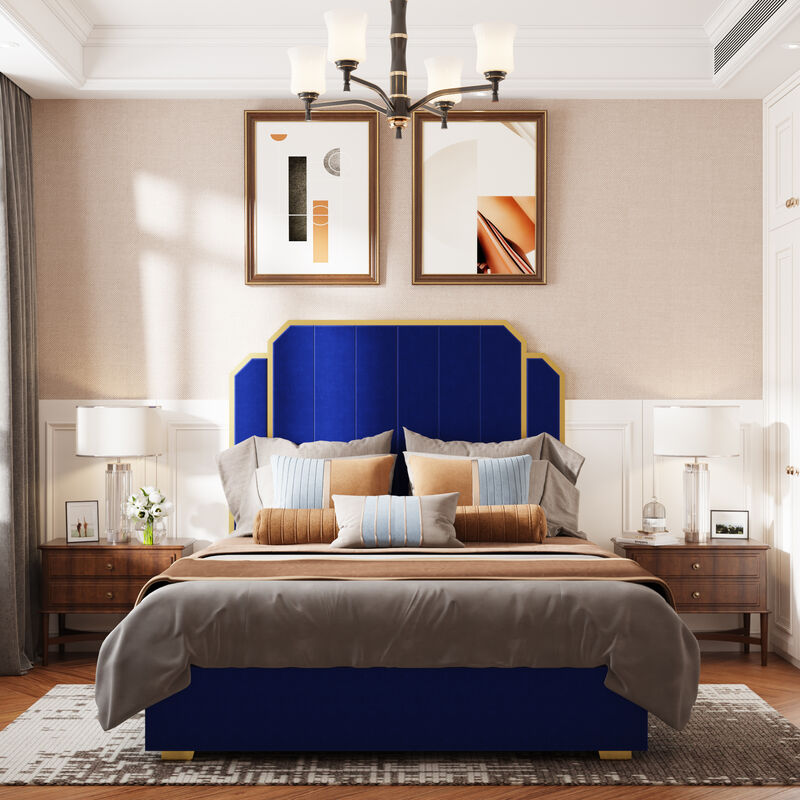 MONDAWE Queen Size Modern Platform Bed Frame and 59.06" Headboard, Upholstered Bed with Golden Plating Trim
