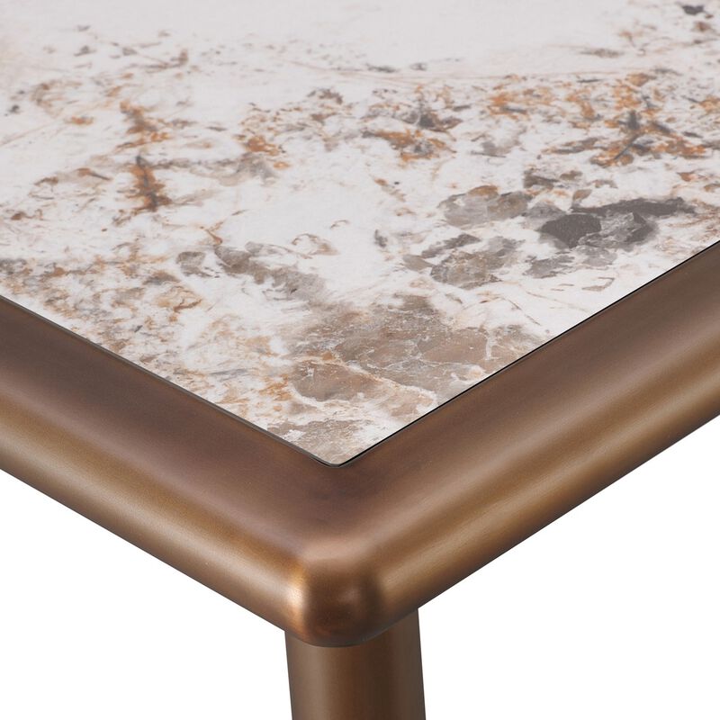 Zame 79 Inch Dining Table, Rectangular White Stone Top, Steel Legs, Bronze - Benzara
