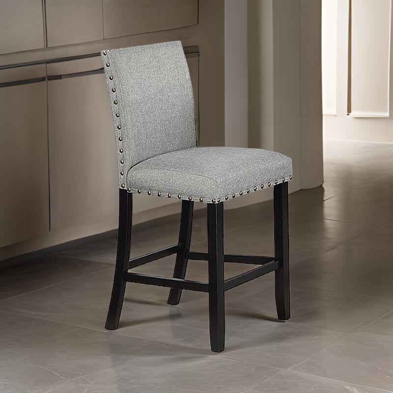 Sie 24 Inch Counter Height Chair, Nailhead Trim, Gray Fabric, Black Wood - Benzara