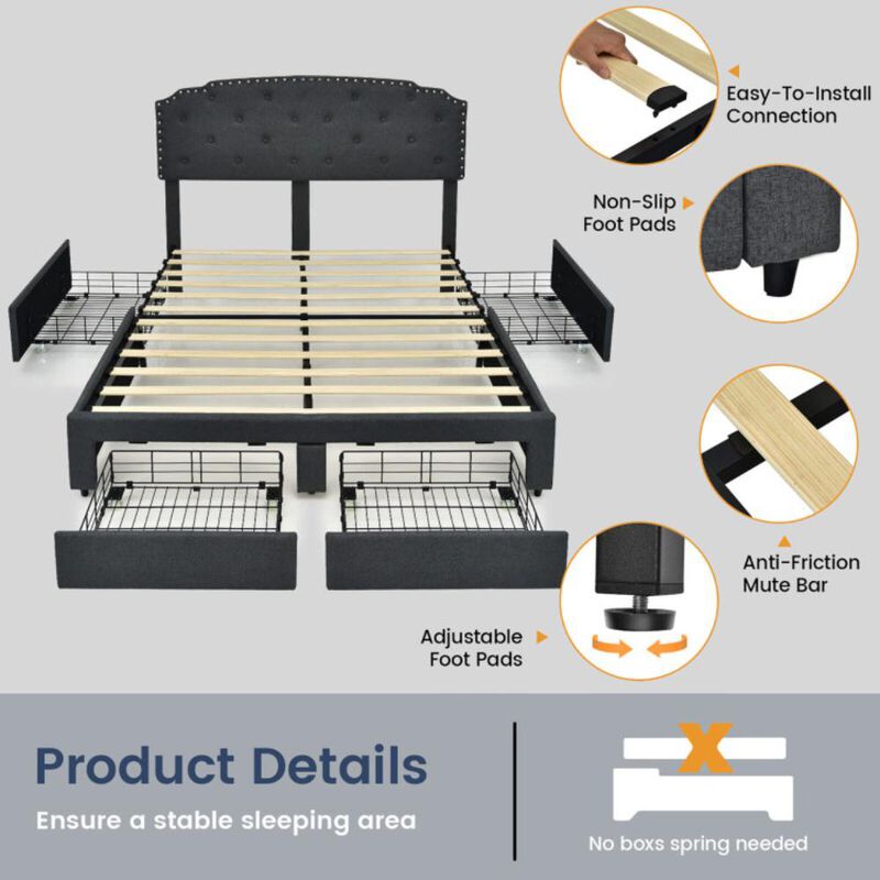 Hivvago Upholstered Bed Frame with 4 Storage Drawers and Adjustable Button-Tufte