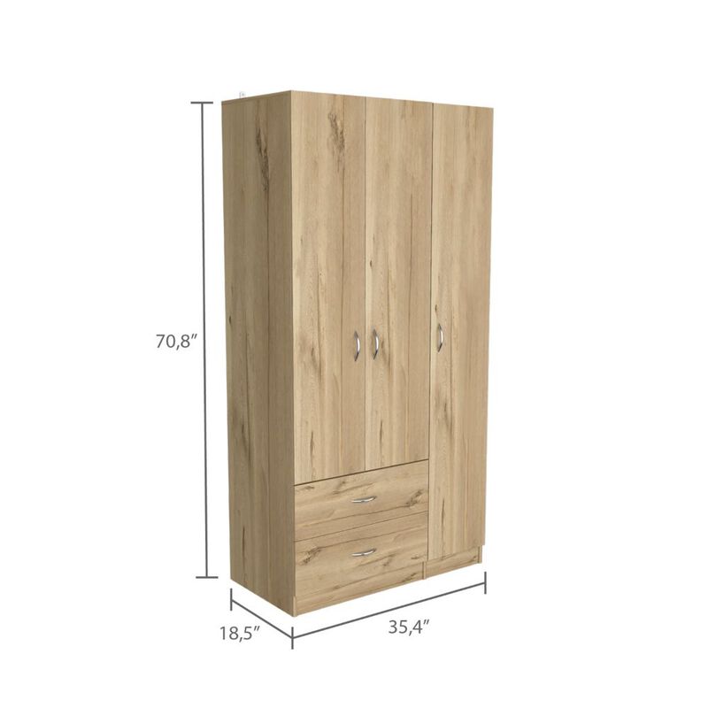 DEPOT E-SHOP Bosko 3 Doors Armoire, Two Drawers, Metal Rod