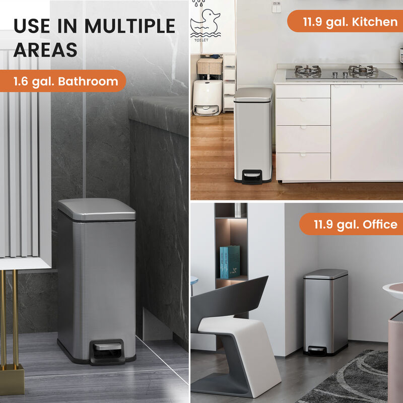 11.9 Gallon + Two 1.6 Gallon Slim Trash Can Combo, Stainless Steel Step Kitchen Garbage Can Set