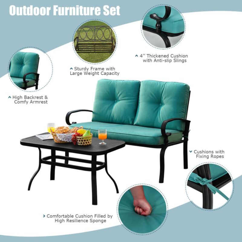 Hivvago 2 Pieces Patio Loveseat Bench Table Furniture Set with Cushioned Chair