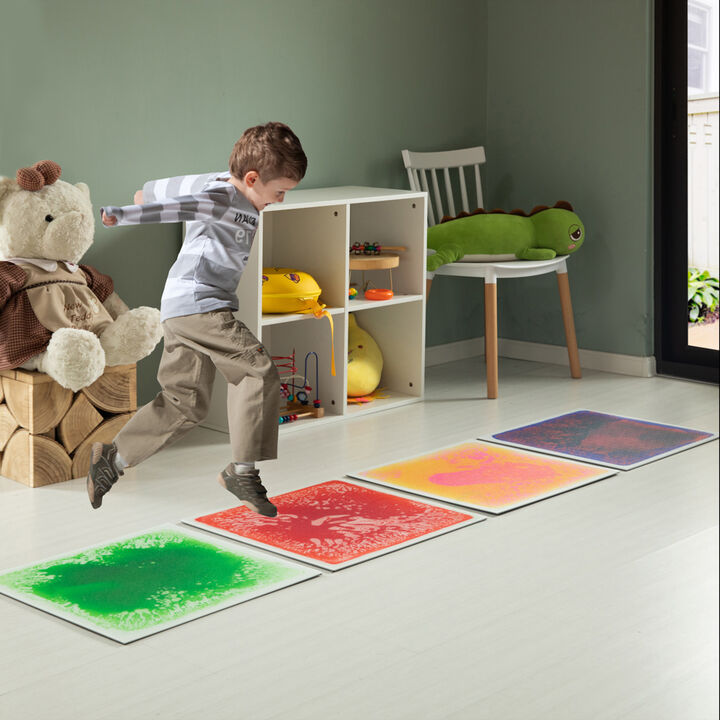 Sensory Liquid Gel Floor Square Tiles, 19.5 x 19.5 Inch Red/White, Green/White, Pink/Yellow, Blue/Red Kids Floor Mat, 4 Pack