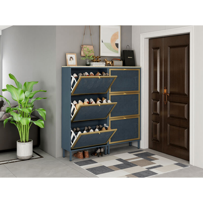 3 Metal Door Shoe Rack, Freestanding Modern Shoe Storage Cabinet, Metal Rattan, For Entryway