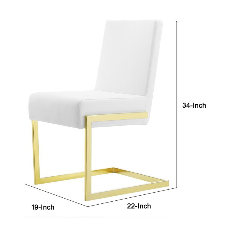 19 Inch Dining Chair, Set of 2, White Vegan Leather, Gold Cantilever Base-Benzara