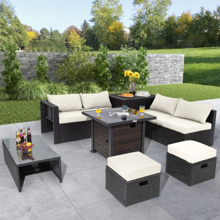 Hivvago 9 Pieces Patio Furniture Set with 32" Fire Pit Table and 50000 BTU Square Propane Fire Pit