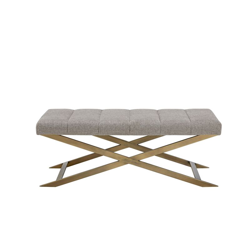 Cid Shia 47 Inch Accent Bench, Tufted Gray, X Shape Brushed Brass Legs - Benzara
