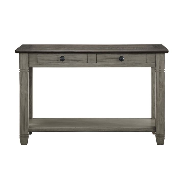 Rome 48 Inch Sofa Table, Rectangular, 2 Drawers, Brown, Gray, Solid Wood - Benzara