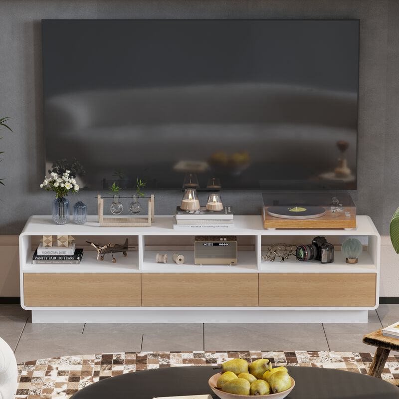 White/Oak Wood TV Stand Media Console with Pop up Drawers, Open Shelf, Fits TV's up to 80 in.