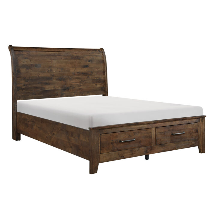 Rick Queen Size Platform Bed, Sleigh, 2 Footboard Storage, Brown Rubberwood - Benzara