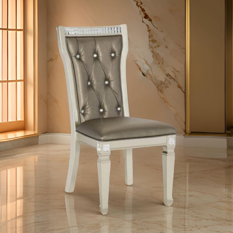 Lin 20 Inch Dining Side Chair Set of 2, Tufted Gray Faux Leather, Champagne - Benzara