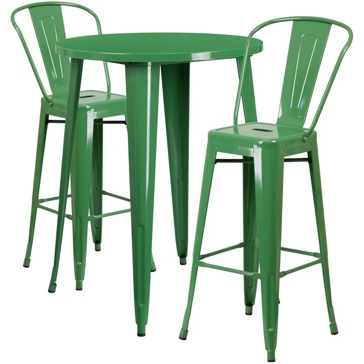 Flash Furniture Commercial Grade 30" Round Green Metal Indoor-Outdoor Bar Table Set with 2 Cafe Stools