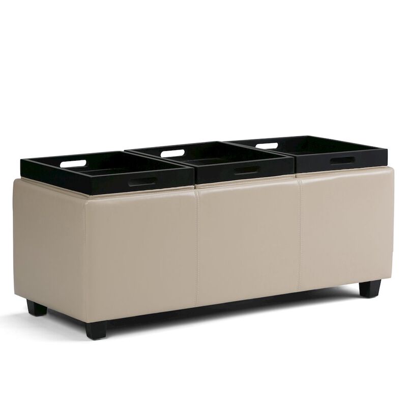 Simpli Home Avalon Storage Ottoman In Satin Cream Vegan Faux Leather
